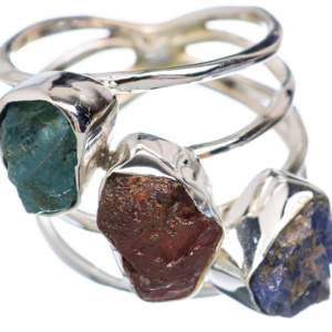 Rough Tanzanite, Garnet, Aquamarine 925 Sterling Silver Ring