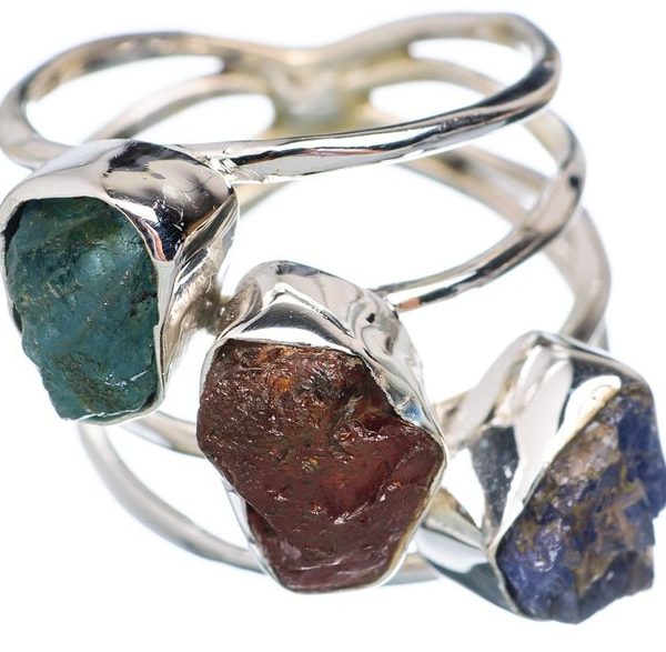 Rough Tanzanite, Garnet, Aquamarine 925 Sterling Silver Ring